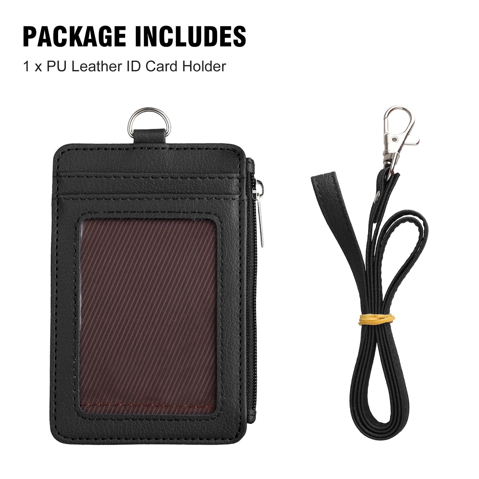 ELV Badge Holder with Zipper, PU Leather ID Badge Card Holder Wallet with 5  Card Slots, 1 Side RFID Blocking Pocket and 20 inch Neck Lanyard Strap for