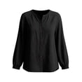 thumbnail image 4 of ClodeEU Women's Linen Blend Crewneck Long Sleeve Button Down Shirt with Cinched Cuffs ,Casual Loose Fit Blouse Black,Women's Plus M, 4 of 6