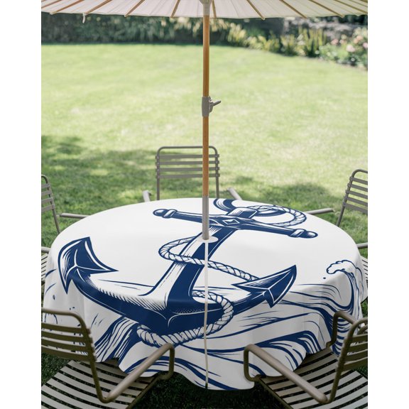 Outdoor Tablecloth with Umbrella Hole, Summer Nautical Anchor Sea Wave Zippered Table Cloth for Square Tables, Coastal Ocean Theme Washable Waterproof Tablecloths for Picnic Patio Garden
