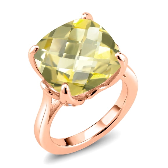 Gem Stone King 18K Rose Gold Plated Silver Yellow Lemon Quartz and White Created Sapphire Engagement Ring for Women (9.12 Cttw, 14MM Cushion Checkerboard, Size 9)