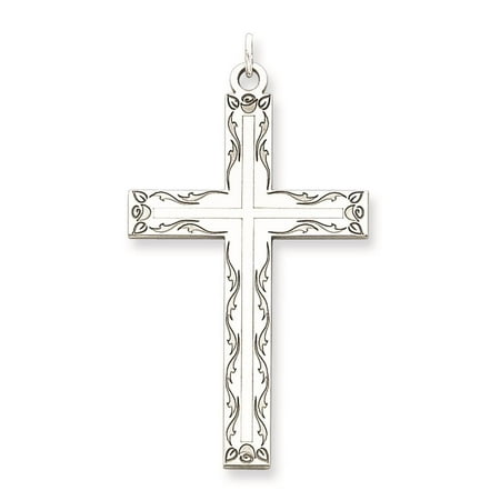Laser Etched Etched Cross Charm Pendant 38mmx22mm 925 Sterling Silver
