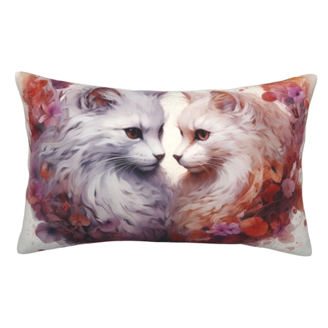 Fotbe White Red Cat Couple Funda de Almohada Decorativa Estilo Occidental, Lujo en Algodón, Fundas para Almohadas King, Cojín Estampado para Decoración del Hogar-16"x24"