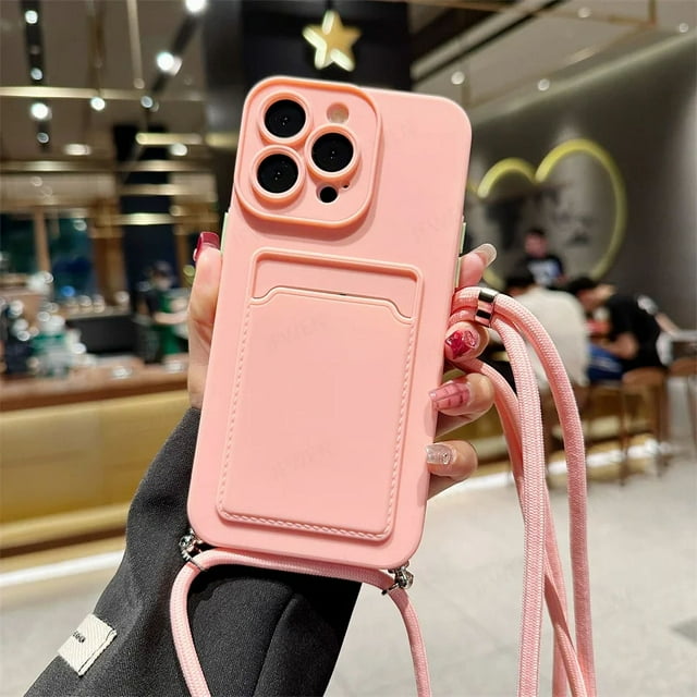 Crossbody Lanyard Solid Color Card Bag Case For iphone 15 14 13 12 Mini 11 Pro Max Plus XS X XR Shockproof Silicone Back Cover Pink For iphone XS Max