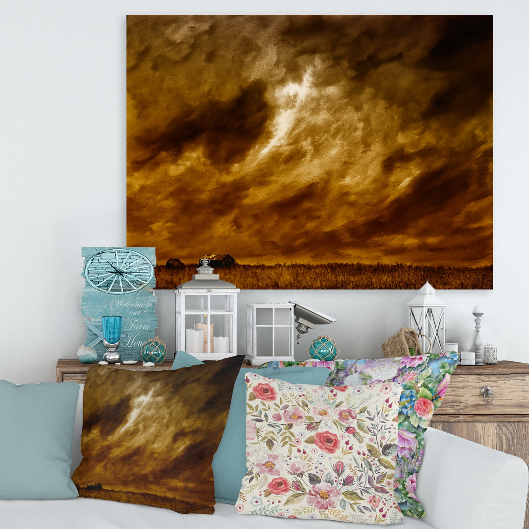 Designart ' Desert Farmhouse Under Cloudy Sky II ' Farmhouse Canvas Wall Art Print