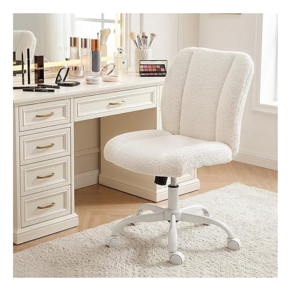 Alpinel Vanity Chair with Wheels, Armless Office Chair Height Adjustable, Cute Desk Chair with Soft Lumbar Support for Small Space, Bedroom, Make-up Room, White