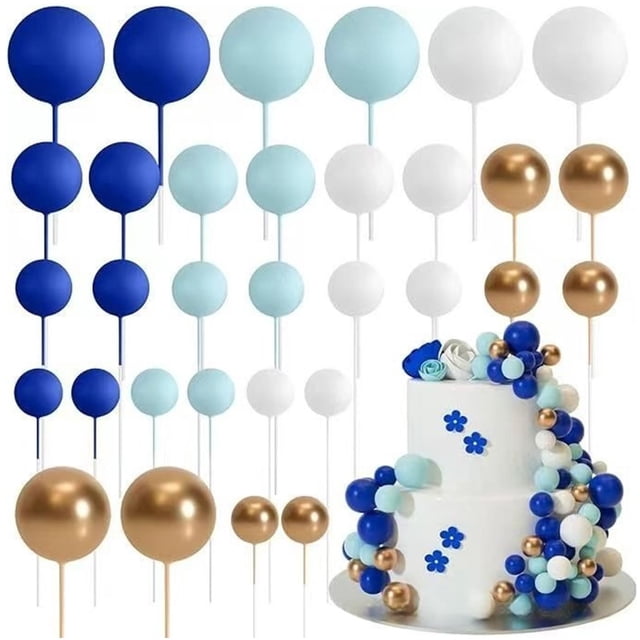 Decoración para tartas AQUGOO, 32 unidades, bolas azules, blancas y doradas