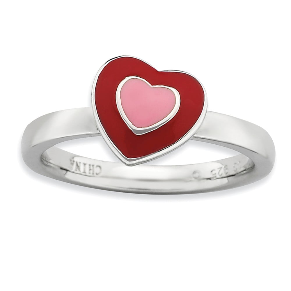 Sterling Silver Stackable Expressions Polished Pave Set CZ Red Enameled Heart Ring