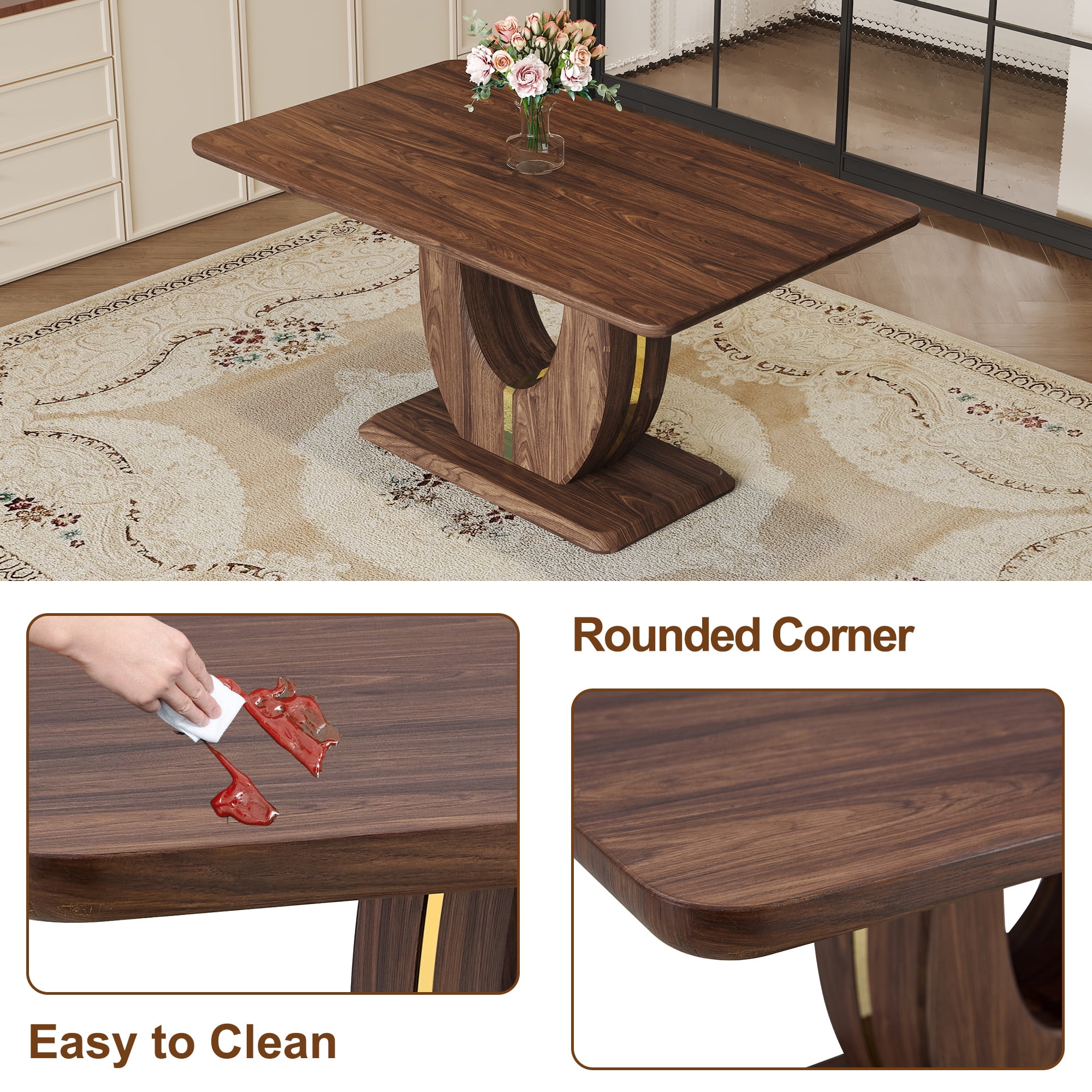 JUFU 63'' Dining Table Rectangular Walnut Tabletop, Easy Assembly, Ideal for Dining Room Kitchen