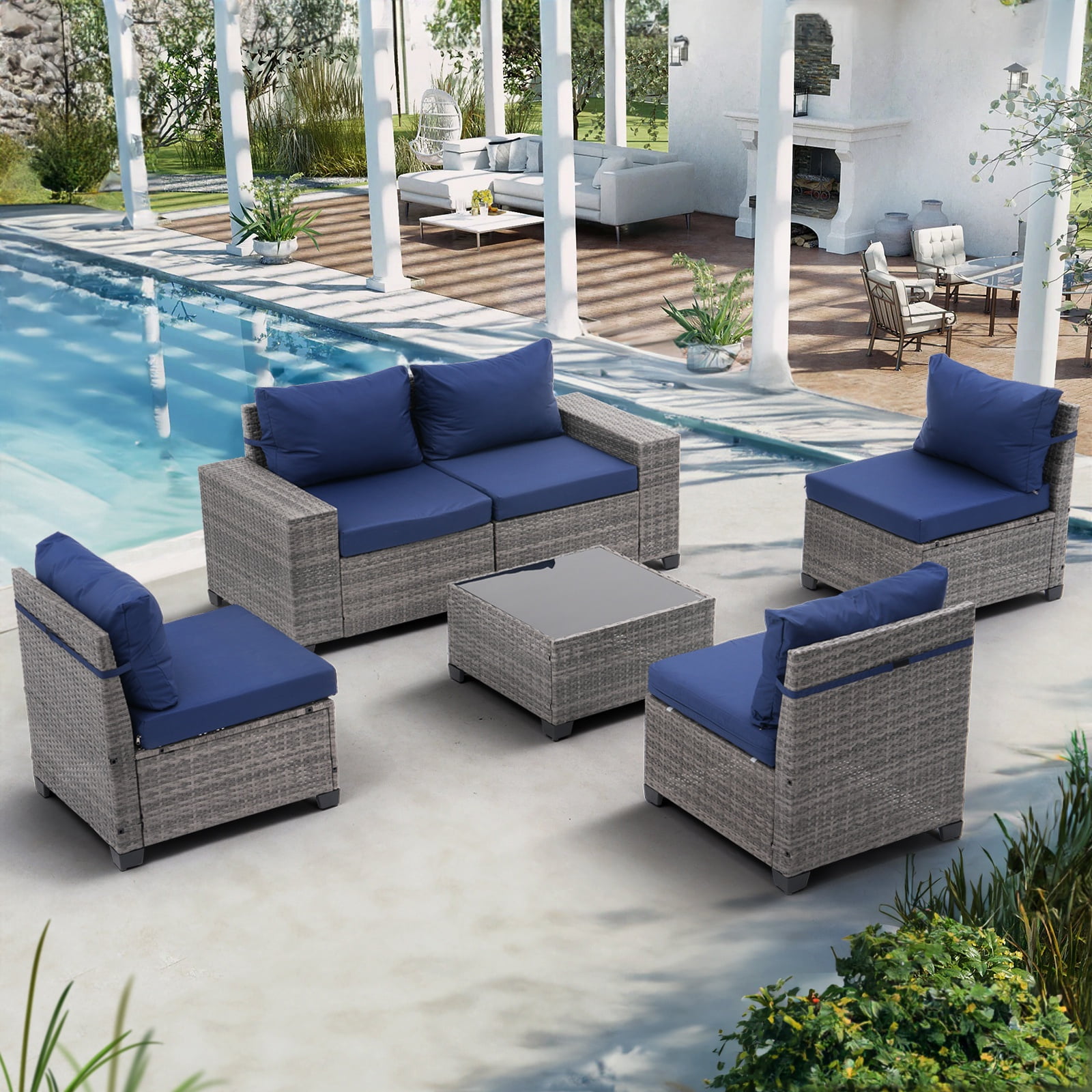 JOIVI 6 Pieces Patio Furniture Set, Wicker Outdoor Conversation Set with Coffee Table, Rattan Sectional Sofa and Table Set with Cushions for Deck, Garden, Porch, Navy Blue