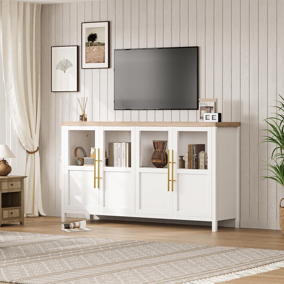 55 Inch White 4 Glass Door Sideboard Buffet Cabinet, Coffee Bar Wine Display Storage Table, Household Furniture for Kitchen Dining Living Room Decor