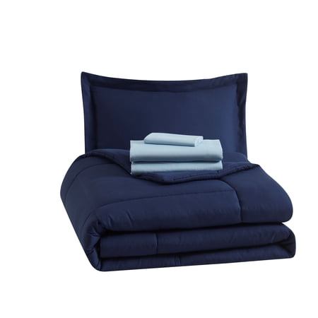 MAINSTAYS ALL IN ONE REVERSIBLE COMFORTER AND SHEET SET- 5 PIECE, TWIN, NAVY