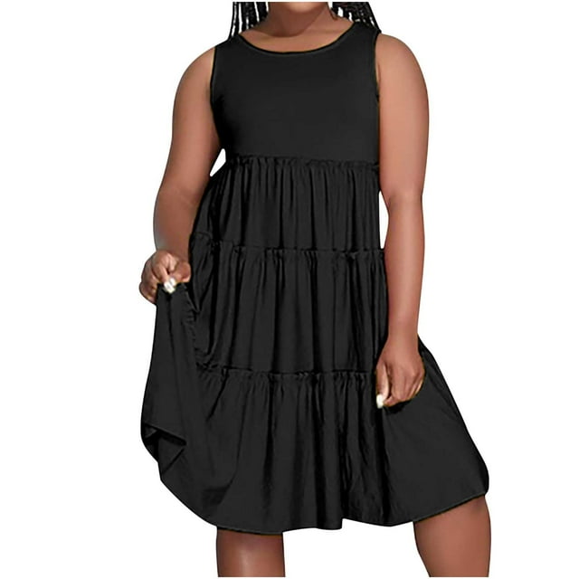 Robes d'Été pour Femmes 2023 Maxi Mode d'Été pour Femmes Couleur Unie Col Rond Sans Manches Plissé Pièce Mi-Longue Robe de Soirée Élégante Élégante en Liquidation