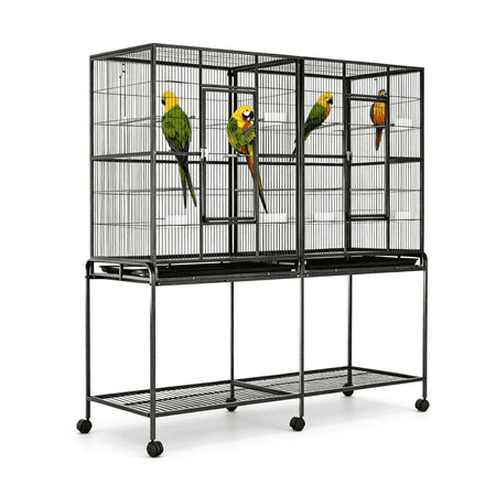 SAYGOGO 64.25" Rolling Bird Cage with Stand,Detachable Main Body,Multiple Doors,Slide-Out Trays,Bottom Storage Shelf,Includes Perches & Food Cups