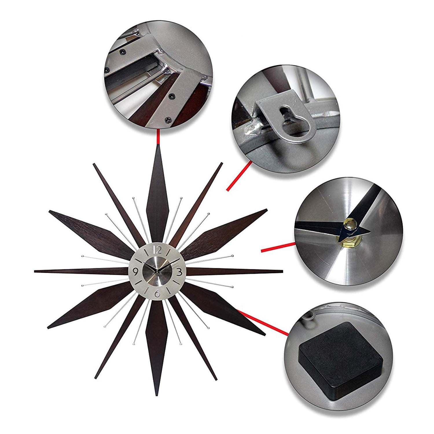 Infinity Instruments Sunburst Mid-Century Utopia Metal Wall Clock, Dark Walnut