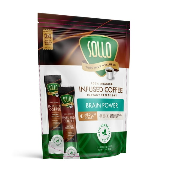 SOLLO Instant Brain Power Coffee Sticks, Medium Roast, Freeze-Dried, 100% Arabica, Single Serve, 24 Count