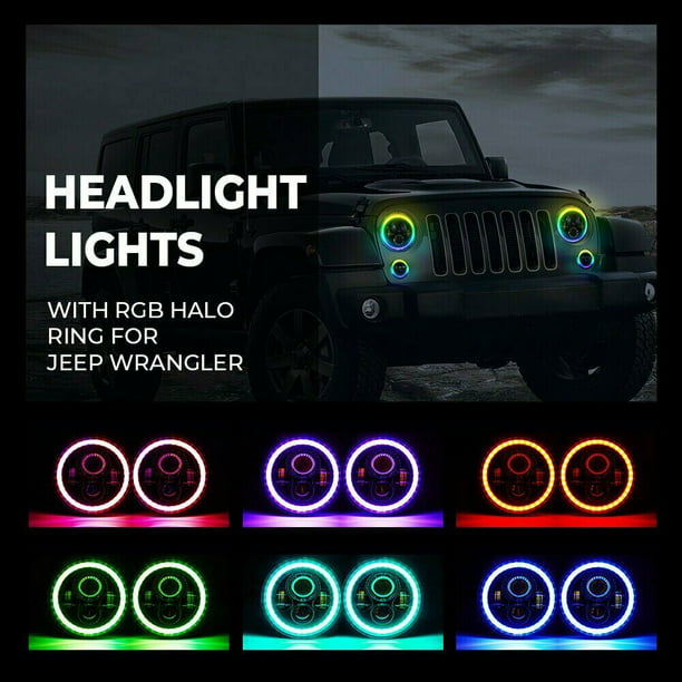 7'' RGB LED Halo Headlights Fog Lights Combo Kit for Jeep Wrangler JK -  