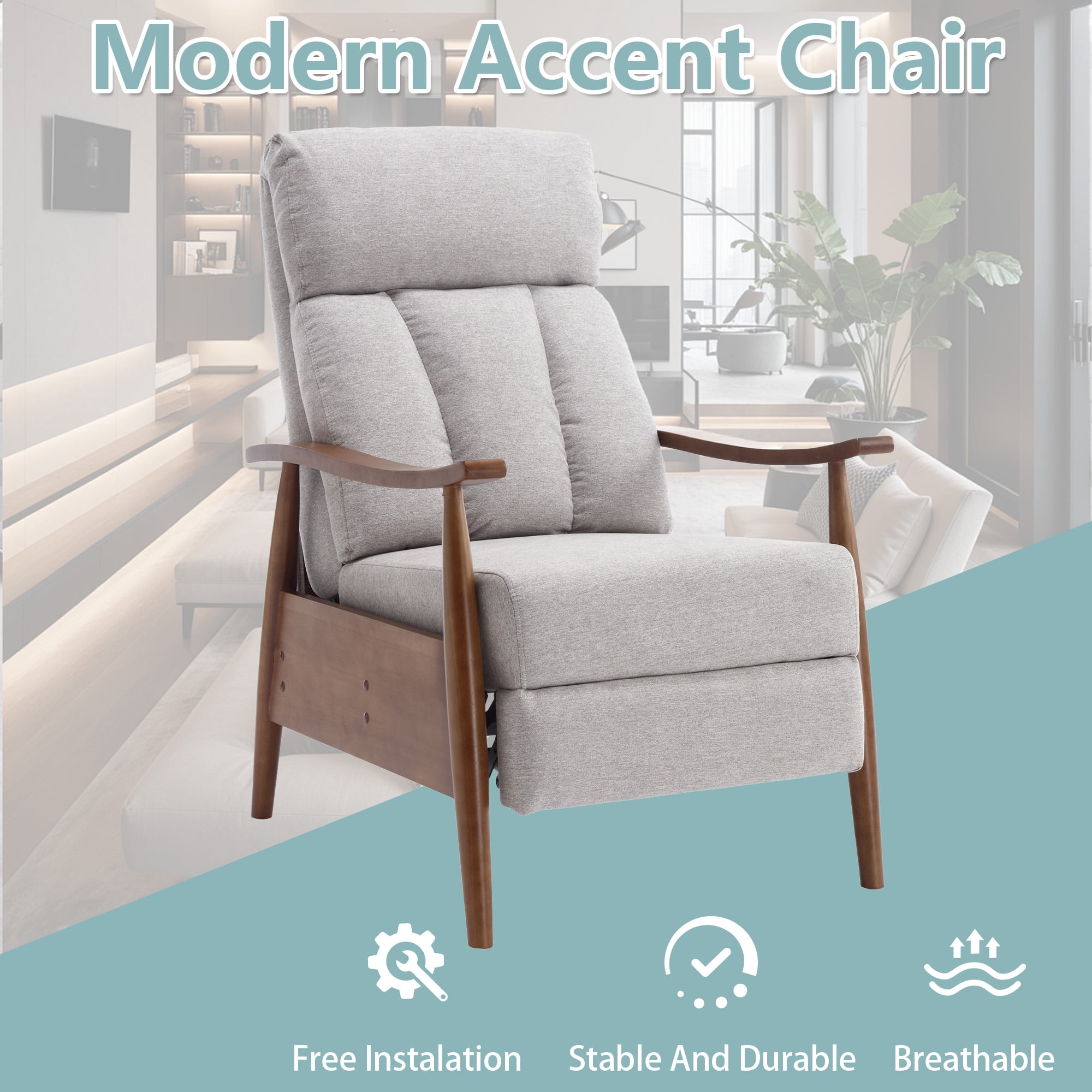 MOONMISS Linen Upholstered Wood Frame Adjustable Recliner Lounge Armchair for Living Room-Light Gray