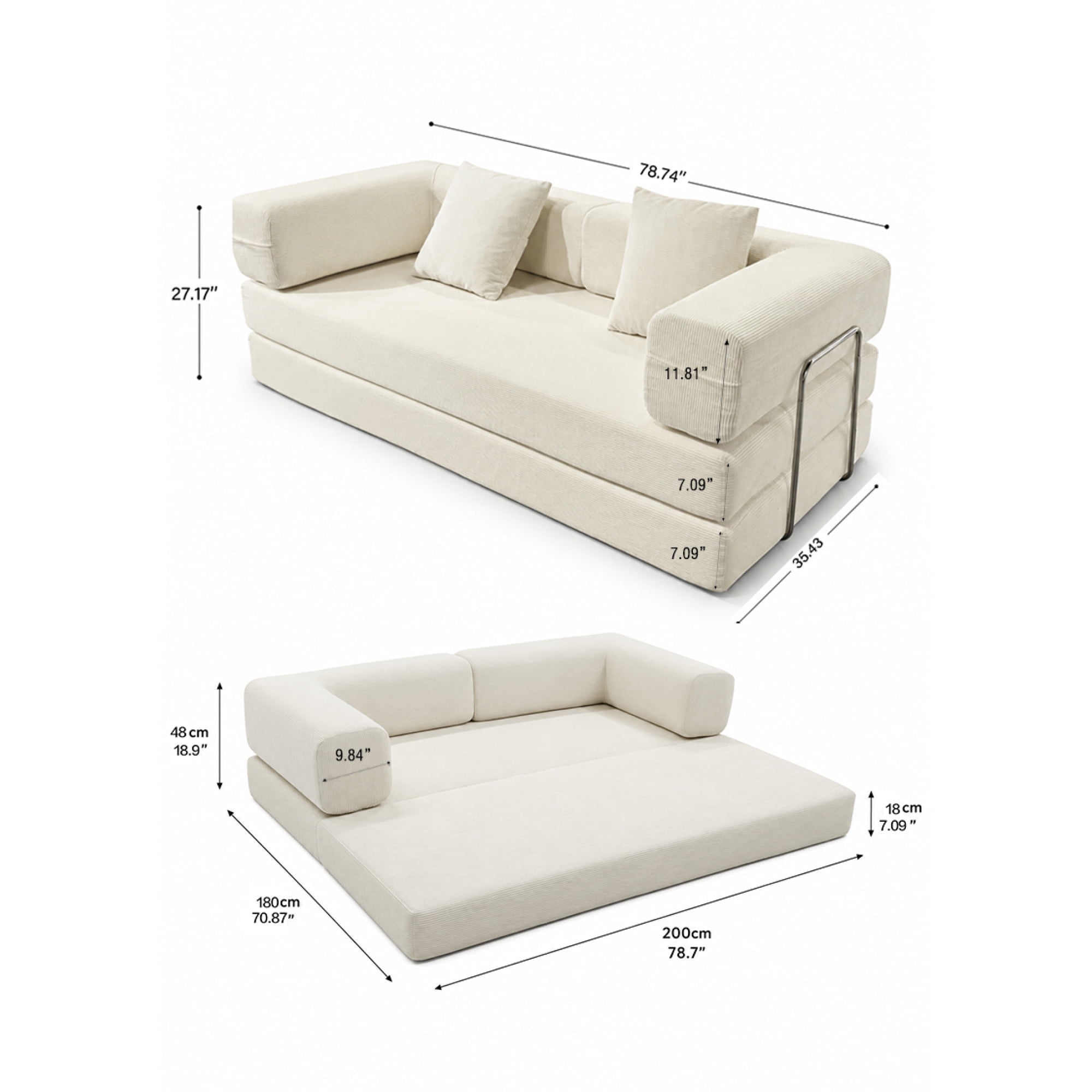 HOQBN Double Sofa Bed, Multifunctional Compression Sofa, Wide Body Pure Spine Sofa, Fine Striped Corduroy Fabric Sofa for Living Room Ancient White