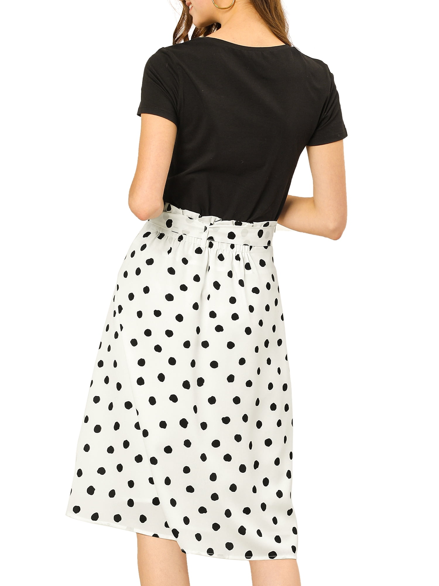 Unique Bargains Women's Polka Dots Belted Elastic Waist Vintage Midi A-Line Skirt XS White-Polka Dot