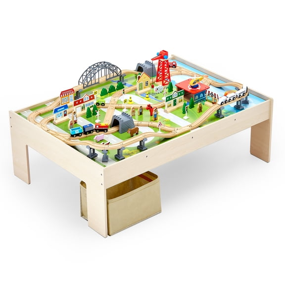 VEVOR Train Table, 120 Multicolor Pieces Wooden Kids Activity Table with Collapsible Storage Bin, 3-in-1 Wooden Train Set for Gaming, Drawing, Reading, Eating, Creative Toy Set for Kids Ages 3 