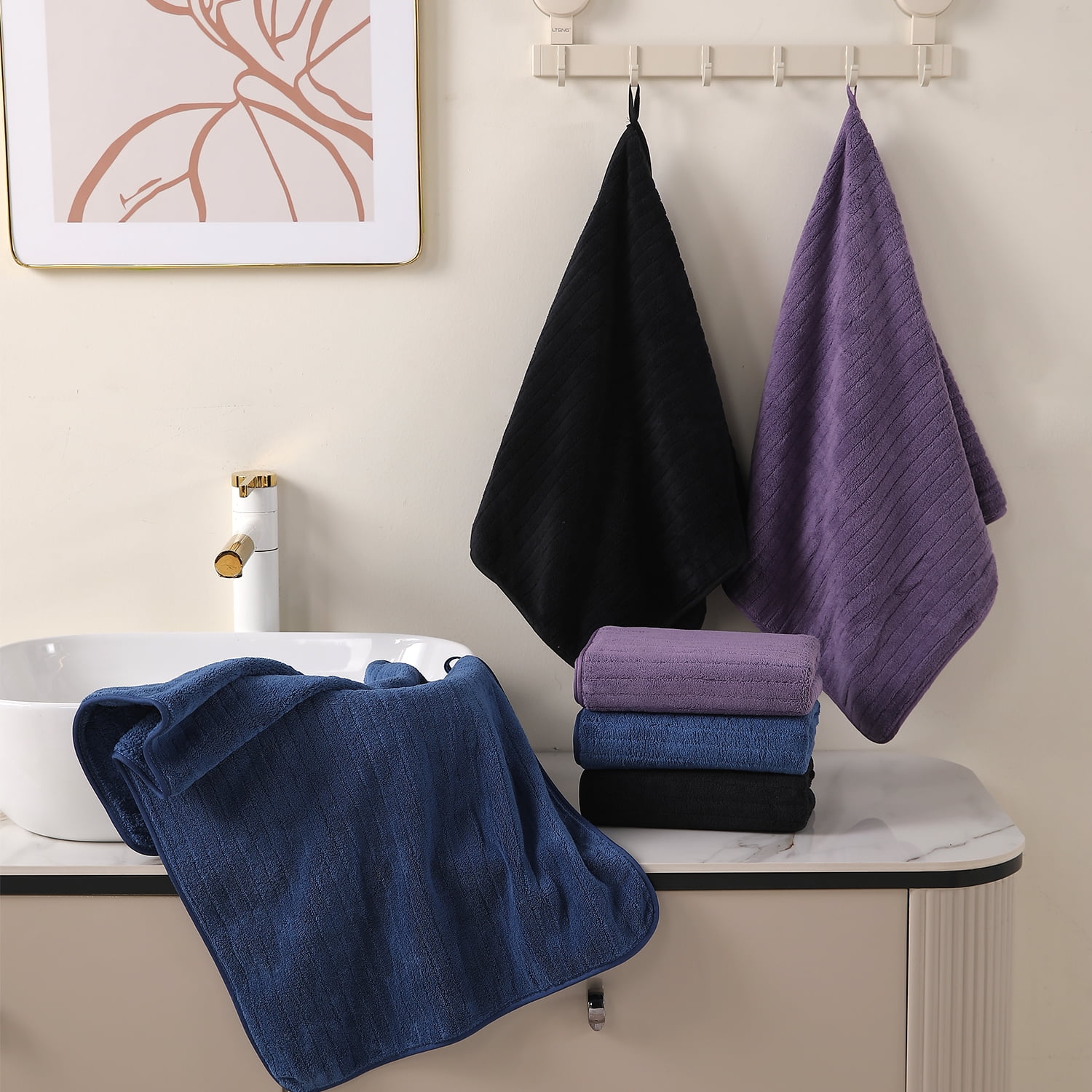Covina Home 12 Pack Black Hand Towel Set, Oversized Ultra Soft Microfiber Bathroom Bath Hand Towel Set Adult Luxury Lightweight Cozy Collection