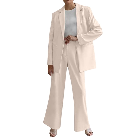 GILIGEGE Two Piece Sets for Women Women's Autumn Winter Solid Color with Pocket V Neck Loose Casual Long Sleeved Pants Suit Set Beige L