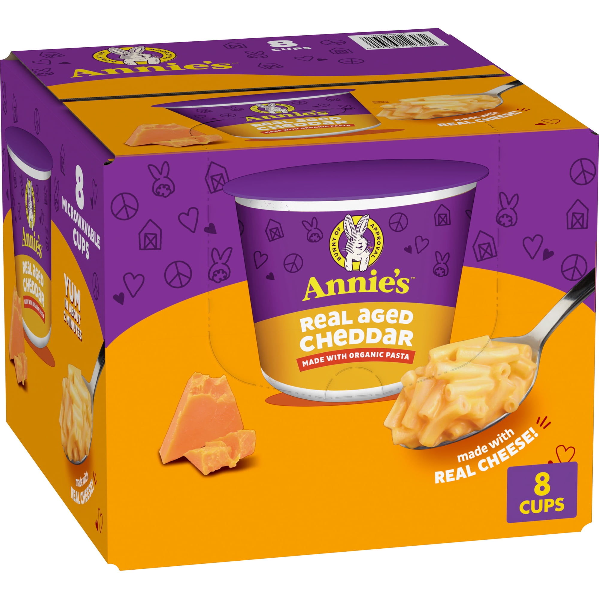 Annie's Real Aged Cheddar Cheese with Organic Macaroni, Microwavable Cups, 8 Count, 16.08 oz