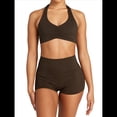 thumbnail image 2 of Conjuntos Entrenamiento para Mujer 2 Piezas,Sujetador Deportivo con Cuello Halter y Arrugas,Pantalones Cortos Ciclista Cintura Alta,Ropa Ejercicio para Gimnasio Yoga Marrón XL, 2 of 9