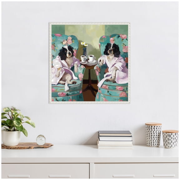 Kate and Laurel Coffee Hour Framed Canvas Wall Art by Mary Sparrow 22 x 22 Sylvie Beaded White, Whimsical, Animals, Humor Art for Wall Decor, Living Room, Bedroom