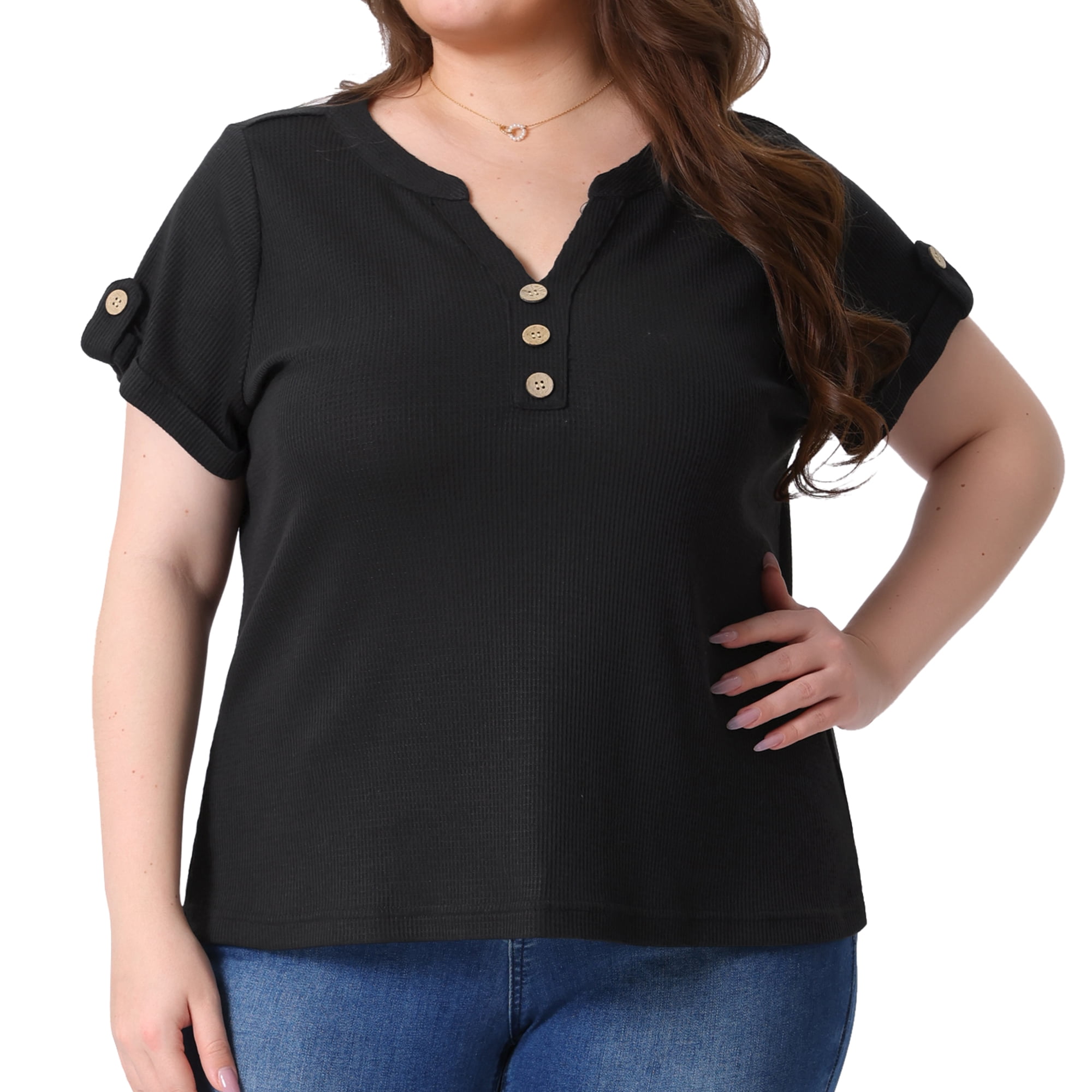 Women's Plus Women's Waffle Tunic Tops Short Sleeve Button V Neck Casual Blouse 1X Black