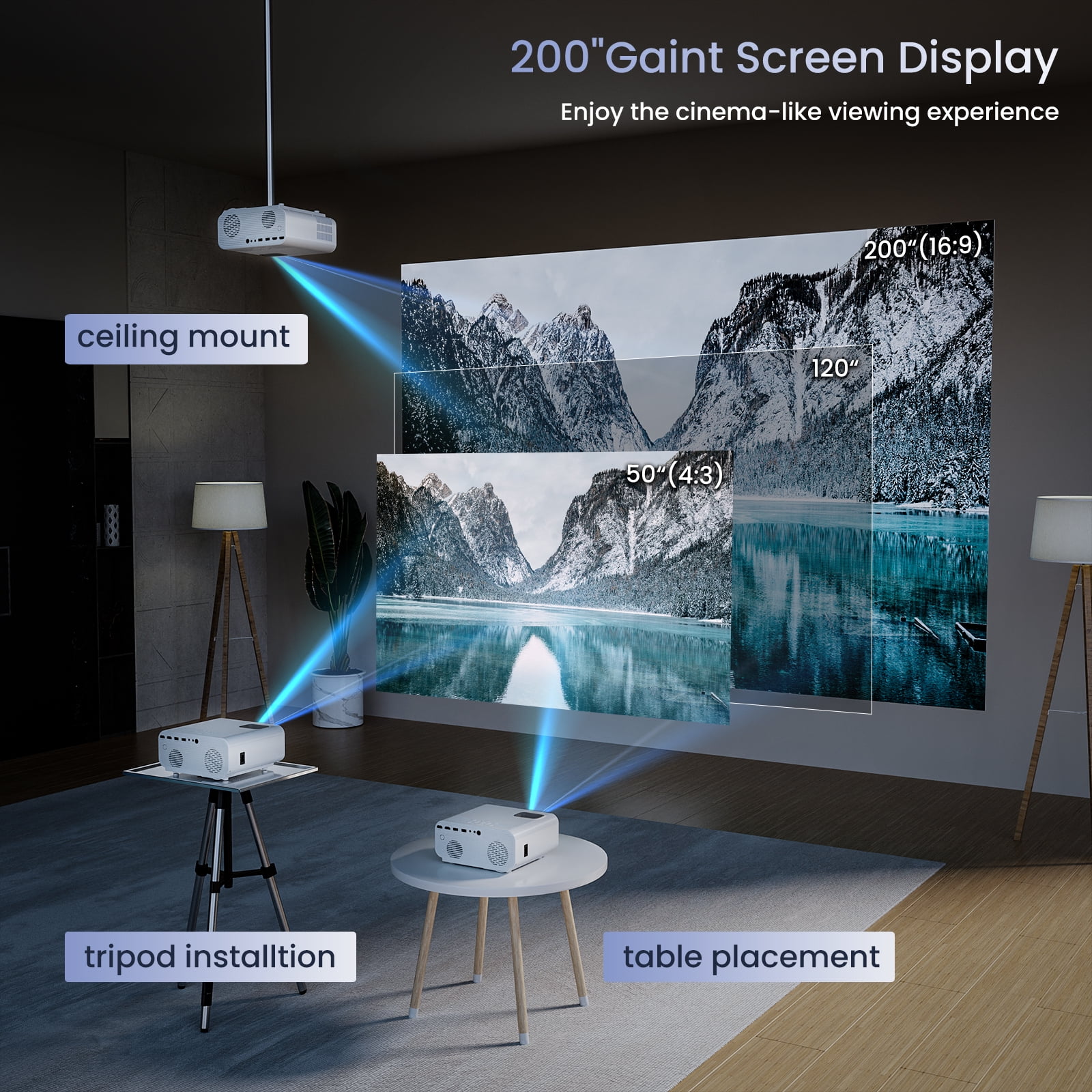 AUOSHI Projector with Wifi and Bluetooth, 4K Support 1080P Mini Projector , Video Projector for Home Theater , 12000LM Portable Outdoor Movie Projector 5G/2.4G