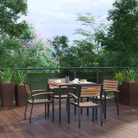 BizChair 5 Piece Patio Table Set - Synthetic Teak Poly Slats - 35" Square Steel Framed Table with 4 Stackable Faux Teak Chairs