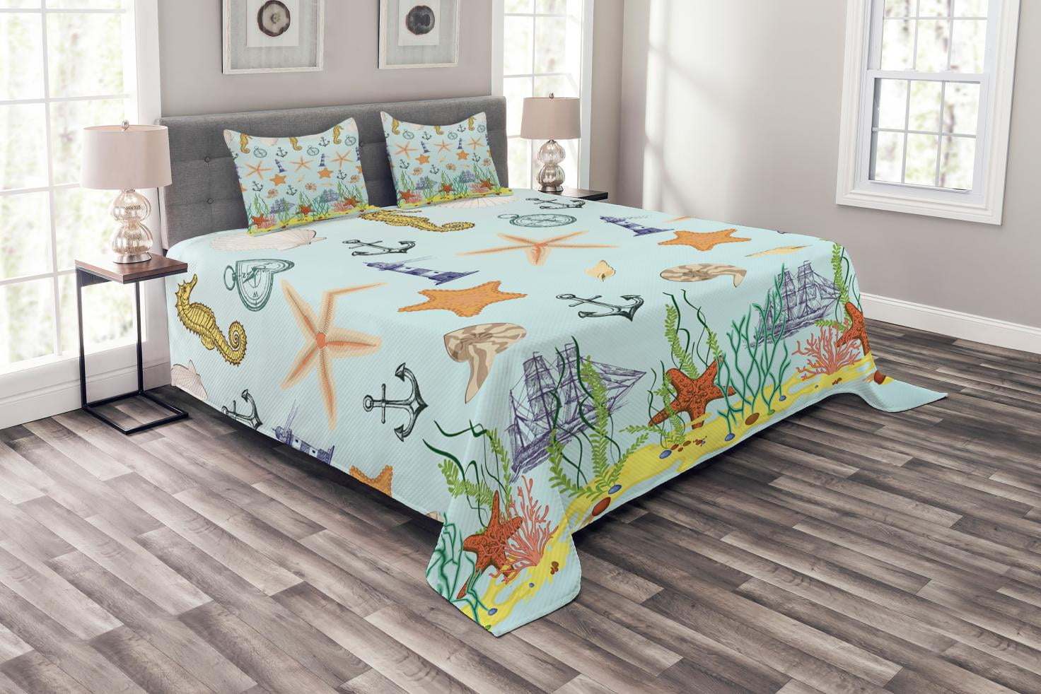 Nautical Bedspread Set Queen Size, Elements of the Ocean Composition