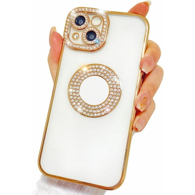 Supershield iPhone 15 Case, Camera Protection with Glitter Sparkle Diamond Bling Rhinestone Shiny Cute Cover with Logo View Case Compatible with iPhone 15 - Gold