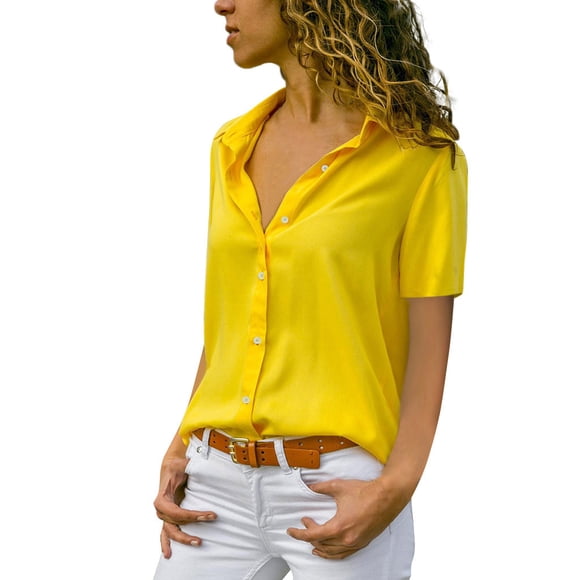 GZWYHT Button Down Shirts Short Sleeve Shirts Sleeve Short Top Blouse Chiffon Ladies Solid Fashion Womens Plain T-Shirt Women's Blouse Womens Shirts Tshirts Shirts Workout Shirts Yellow XXL
