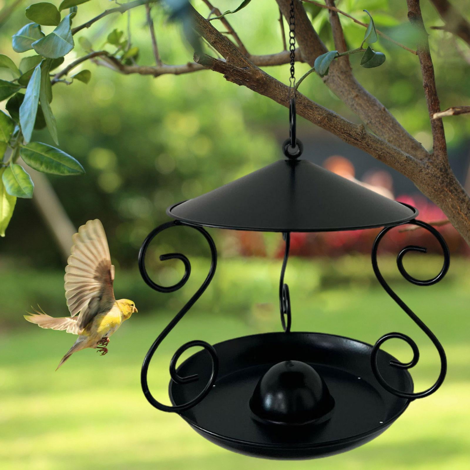 CarpNettore Metal Roof Bird Feeder Feeding Bowl with Rain Cover for Balcony Outside Tree black