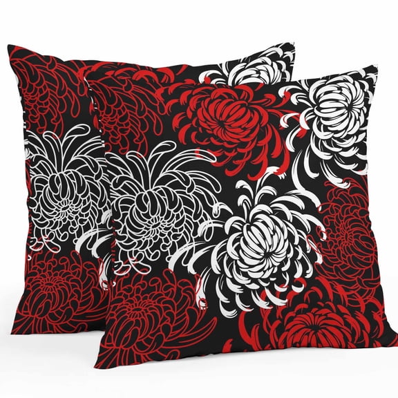 Outdoor Pillow Covers Pack of 2, Red White Chrysanthemum on Black Waterproof Throw Pillowcase Cushion Cases, Abstract Retro Floral Decorative Pillow Cover for Couch Sofa Home Bed Patio