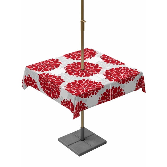 Outdoor Tablecloth with Umbrella Hole and Zipper, Red Dahlia Square Table Cloth 60x60 Inch Waterproof Tablecloth, Vintage Country Grey Abstract Flowers Floral Picnic Table Cover for Patio Camping