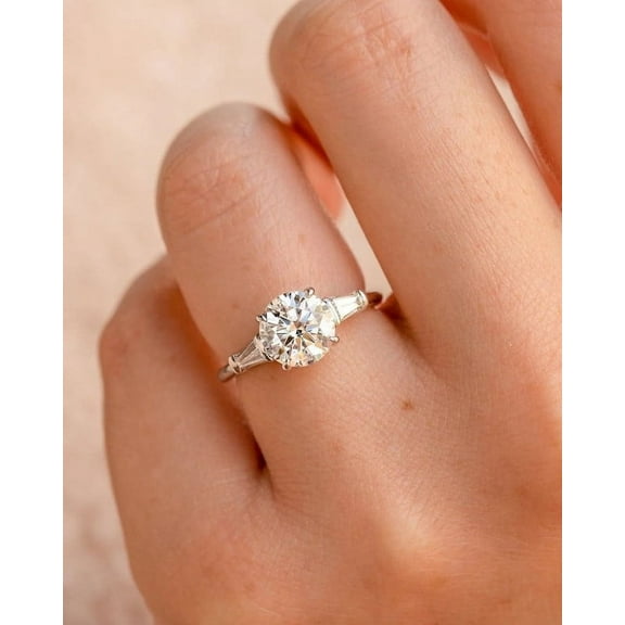 SOLITAIRE JEWELS 2CT Round Cut Moissanite Three Stone Side Tapered Baguette Moissanite Wedding Ring Solid 10k Yellow Gold