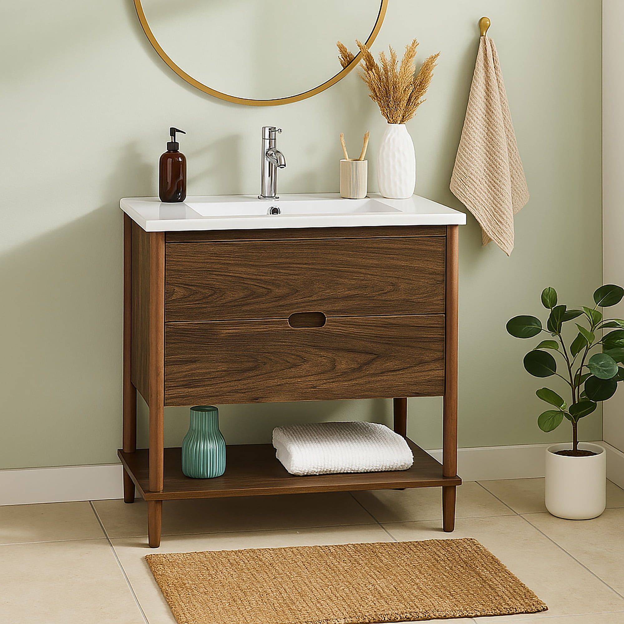 Teamson Home Ellery 36" Single Bathroom Vanity Integrated Square Sink and Two Drawers, Walnut