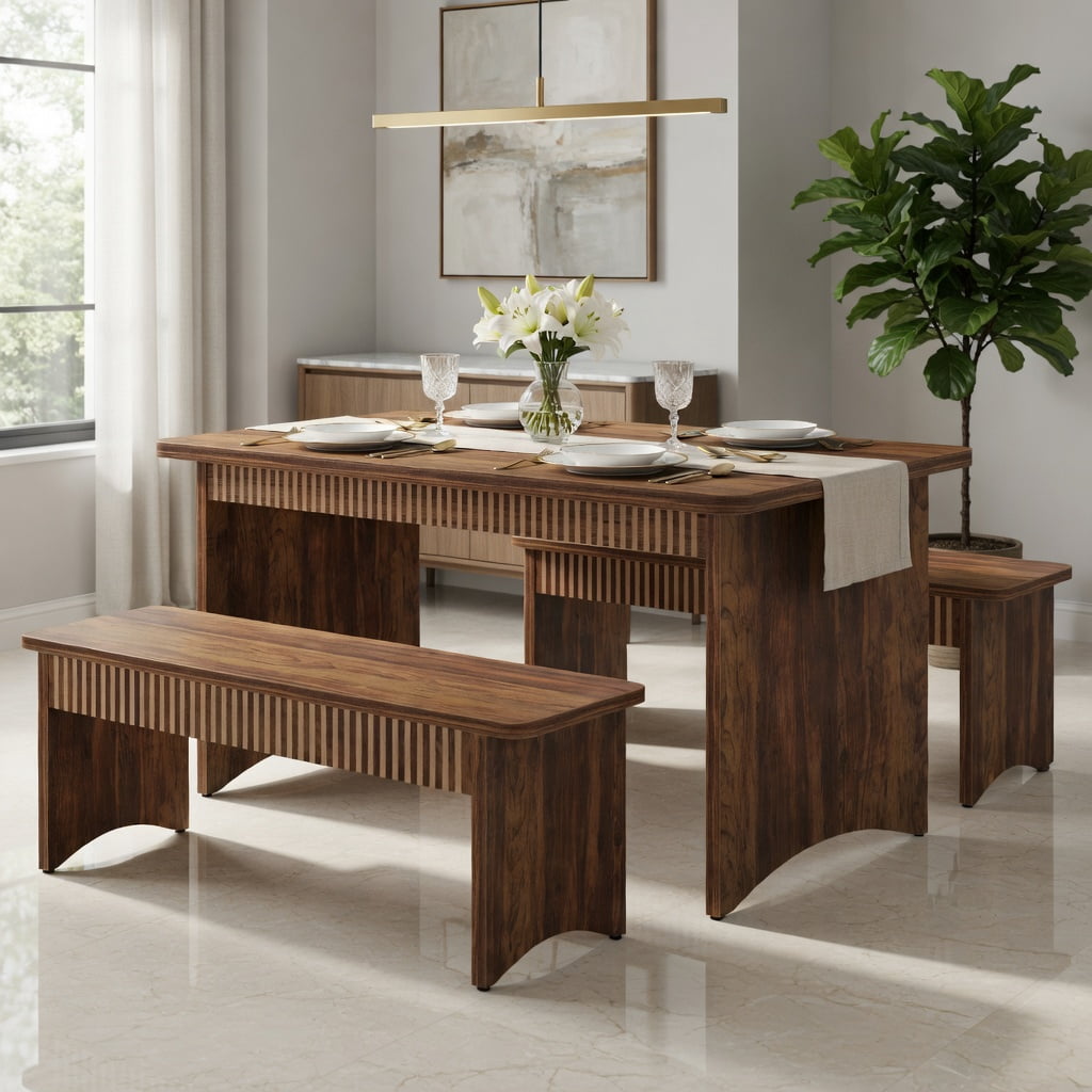 Hommoo 55 Inch Farmhouse Dining Table Set with 2 Wooden Benches, Space-Saving 3-Piece Kitchen Table for 4 to 6 People, Brown
