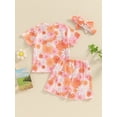 thumbnail image 4 of Nygoyerh Toddler Baby Girls Summer 3Pcs Outfits Floral Print Short Sleeve T-shirt + Elastic Waist Shorts + Headband 0-3T Infant Cute Short Pants Sets for Casual Daily, 4 of 8