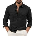 thumbnail image 2 of Mens Solid Cargo Button Down Shirt, Lapel Long Sleeve Double Chest Pocket Shirts, Soft Cotton Fabric for Business Daily Wear and Casual Outfits Black M, 2 of 7