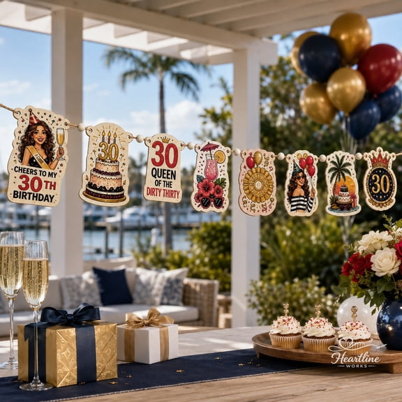 Wooden Ornament Garland 30th Birthday Cake Champagne Balloon Party Decor