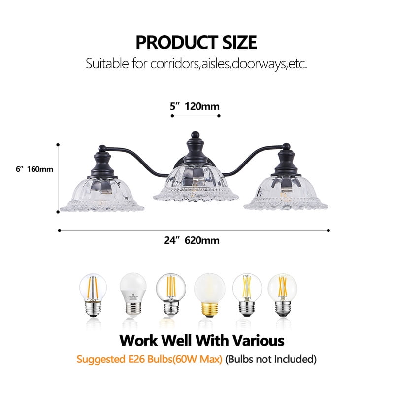 24" Vintage 3-Light Bathroom Wall Sconce, Elegant Black Metal Vanity Light with Clear Glass Shades, Wall Mounted Fixture for Bathroom, Hallway, Bedroom (Bulbs Not Included)
