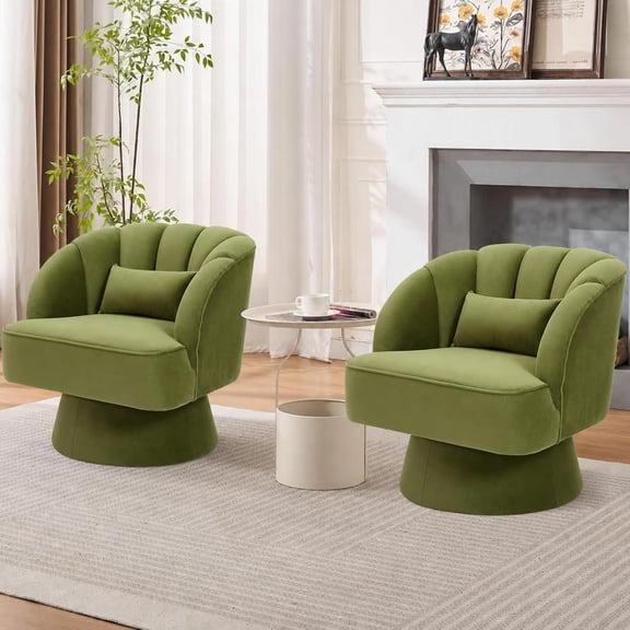 Set of 2 Velvet 360° Swivel Barrel Accent Chairs with Wood Frame, Upholstered High Back Armchairs for Living Room, Bedroom, Reading Room,Green