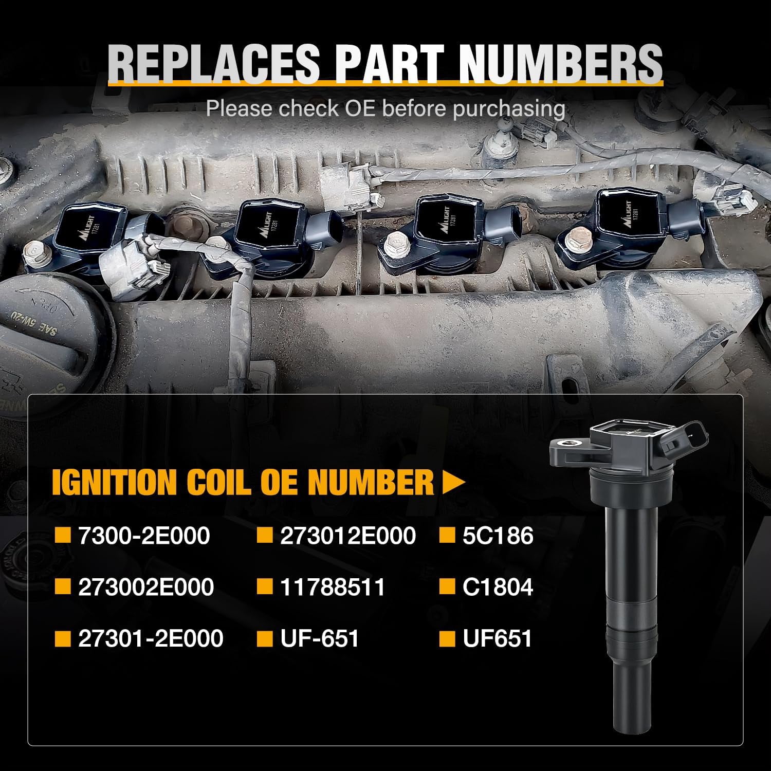 2Pin Ignition Coil Packs Set of 4 Fit UF651 for Hyundai KIA 2011 2012 - 2020 Tucson Elantra Soul FORTE 1.8 2.0L OE# 5C1861 C1804 1788511 273002E000