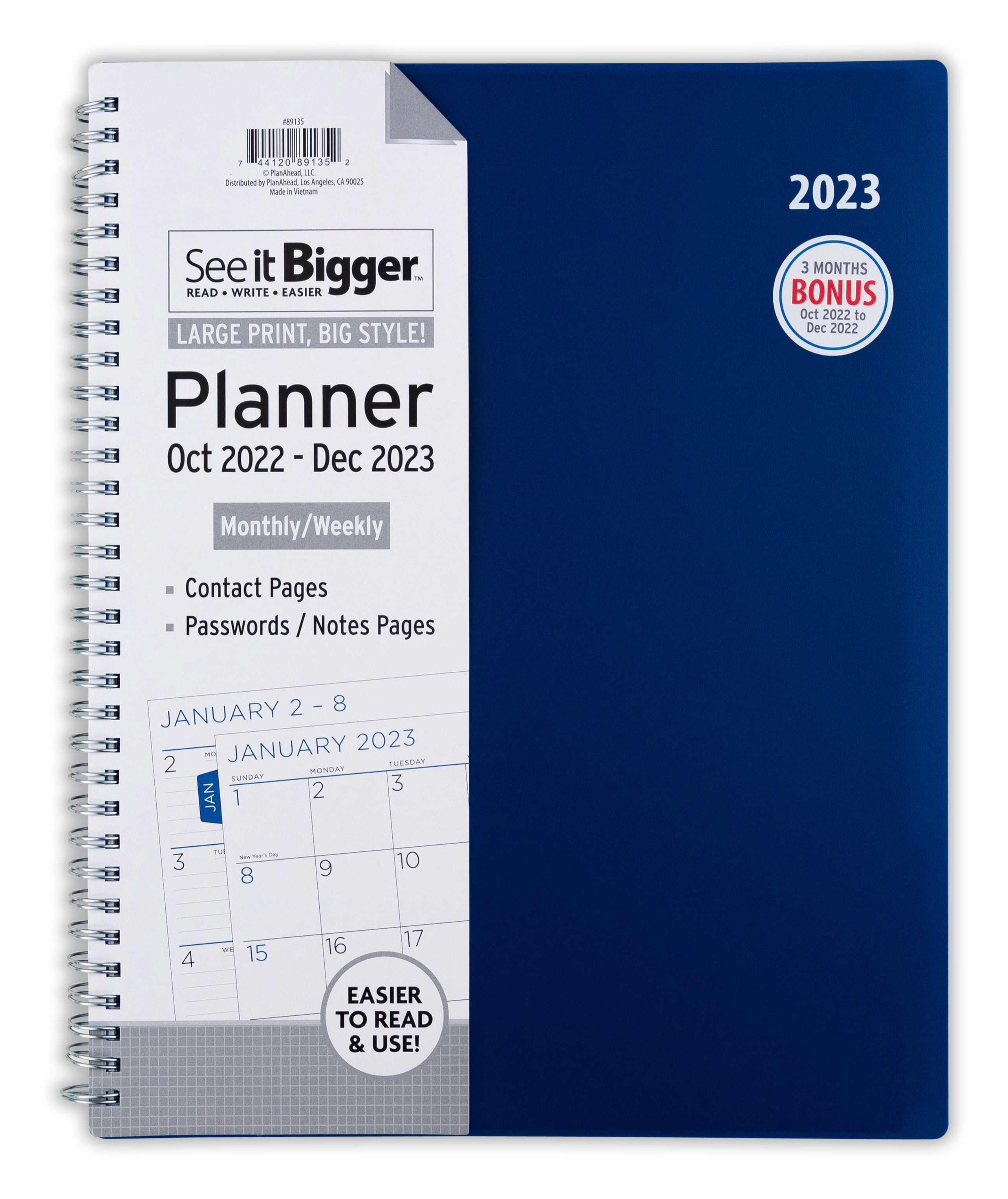 See It Bigger Monthly & Weekly Planner, October 2022 - December 2023 (9.25”x 11.25”) Dark Blue