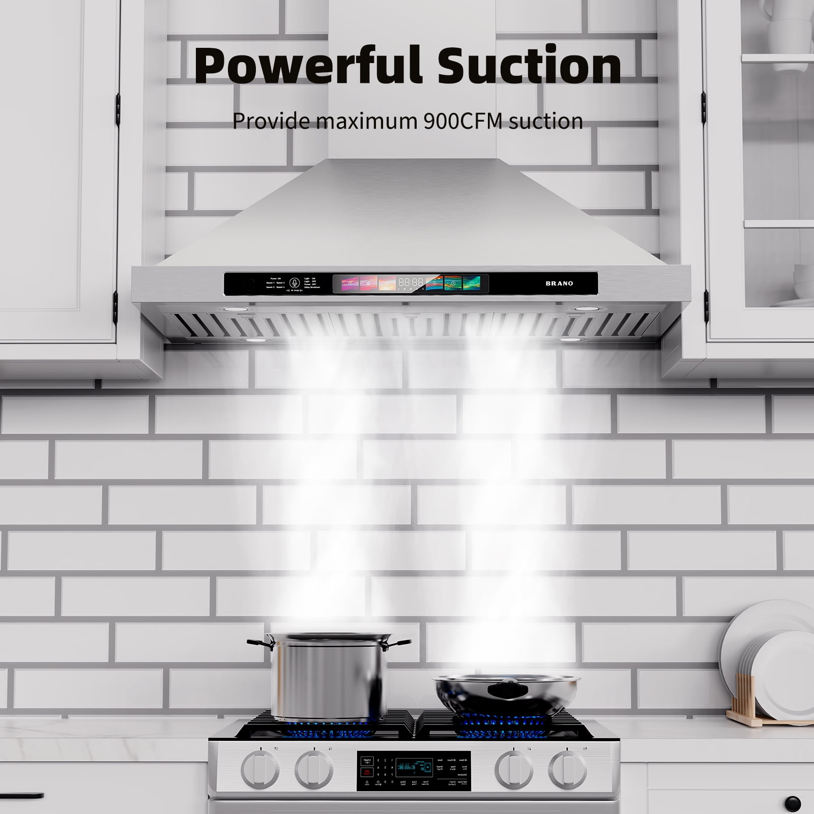 Brano 30 Inch Stainless Steel Wall Mount Range Hood, 900 CFM, Convertible with LED Lights and Charcoal Filter