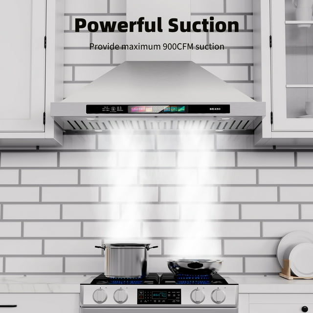 Brano 36 Inch Stainless Steel Wall Mount Range Hood, 900 CFM, Convertible with LED Lights and Charcoal Filter